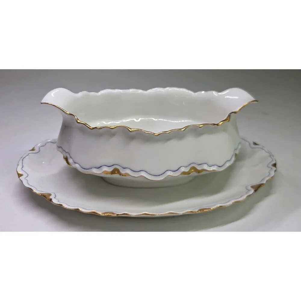 Antique Haviland Limoges Gravy Boat With Attached Under Plate Gold Blue France